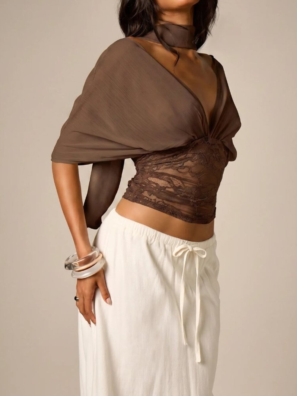Brown Elegant Women's Deep V-Neck Lace Crop Top With Chiffon Drape Sleeves - Picture 6 of 6